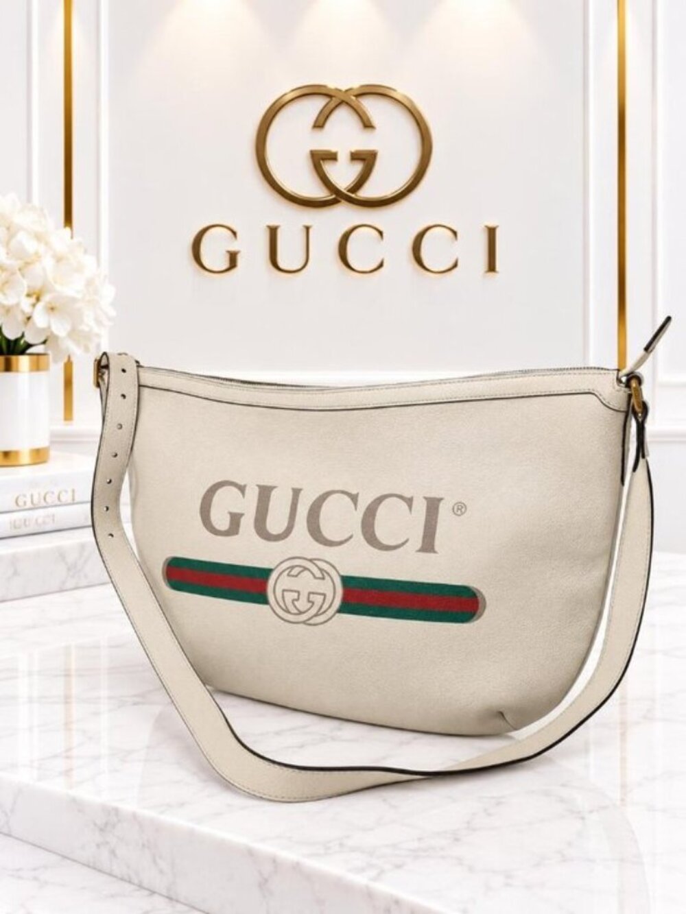 Authentic Gucci Logo Print White Leather Hobo Shoulder Bag Web Stripe
